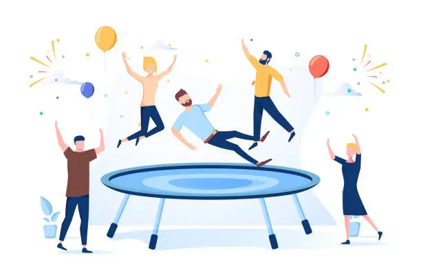 Vector illustration of Happy Teens Jumping on Trampoline, Friends Cheering. Young People Having Fun Jump and Bouncing, Spare Time, Activity