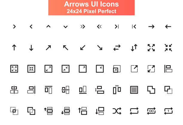Arrows UI icons set. Increase, decrease, resize, expand line pictograms for website and mobile app GUI. Arrows UI icons set. Increase, decrease, resize, expand line pictograms for website and mobile app GUI. Alignment and scaling simple UI, UX elements. 24x24 grid pixel perfect vector lined icon pack resize stock illustrations