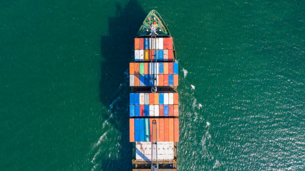 istock Aerial view container cargo ship in ocean, Business industry commerce global import export logistic transportation oversea worldwide, Sea shipping company vessel. 1249555516