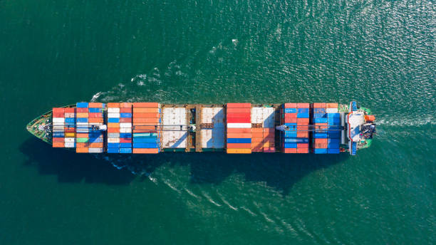 istock Aerial view container cargo ship in ocean, Business industry commerce global import export logistic transportation oversea worldwide, Sea shipping company vessel. 1249555545