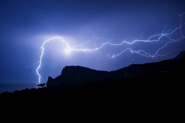 istock Powerful lightning over a rock on the Black sea coast 1249558288