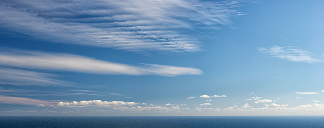 Various white clouds on the blue sky above the sea, panoramic, high resolution