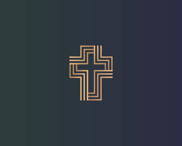 illustrations, cliparts, dessins animés et icônes de logo de croix linéaire abstrait de gradient d’or linéaire isolé sur un fond foncé. vecteur universel église religion foi signe logotype simbol - cross cross shape religion easter