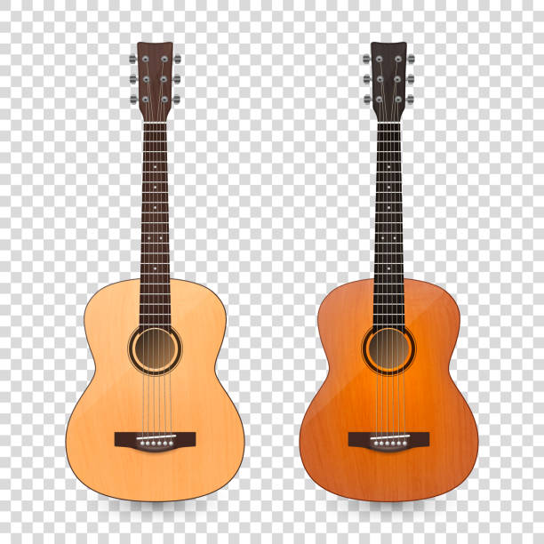 vektor 3d realistische klassische alte retro akustische braun holz gitarre icon set nahaufnahme isoliert auf transparentem hintergrund. design templte, mockup, clipart. musikalisches kunstkonzept - saite stock-grafiken, -clipart, -cartoons und -symbole