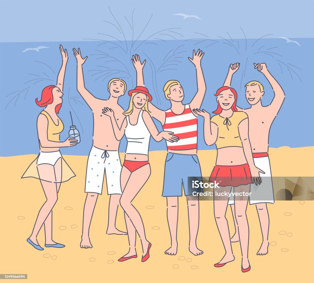 Ilustración de Jóvenes Bailando En La Playa Personajes De Dibujos Animados  En Ropa De Playa Chicas Chicos Escuchando Música Y Bebiendo En La Fiesta De  La Playa y más Vectores Libres de