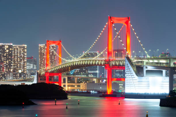 Rainbow Bridge illuminated by red light for "Tokyo alert" (coronavirus alerts). Tokyo’s landmark Rainbow Bridge illuminated by red light on June 3 after the governor issued a coronavirus alert for the Japanese capital due to fears of a resurgence of the COVID-19 disease, immediately after a week that the state of emergency was suspended. Yuriko Koike activated “Tokyo alert” after at least 34 new cases of the novel coronavirus were confirmed a week later the city declared its victory, citing a slower rate of transmission in late May. warning coloration stock pictures, royalty-free photos & images