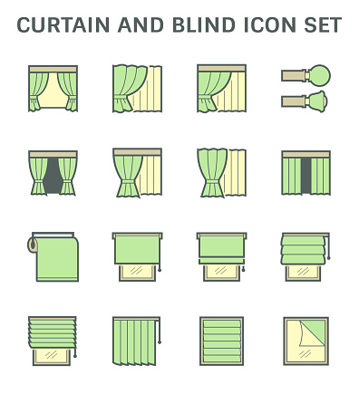 Curtain blind and interior decoration material vector icon set design.