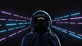 Retrowave style 3d illustration. Futuristic astronaut on neon background