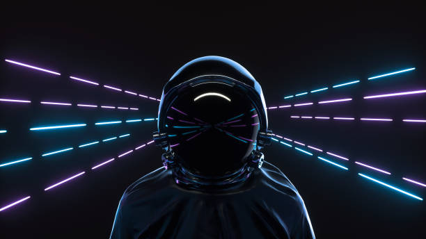 retrowave style 3d illustration. futuristic astronaut on neon background - protective suit fotos imagens e fotografias de stock