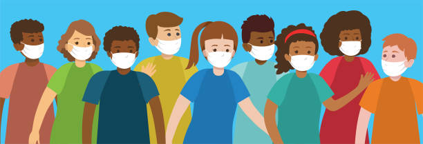 Group of Multi-Ethnic Teens Wearing Face Masks Group of teenage boys and girls in different races wearing medical masks groups of teens stock illustrations