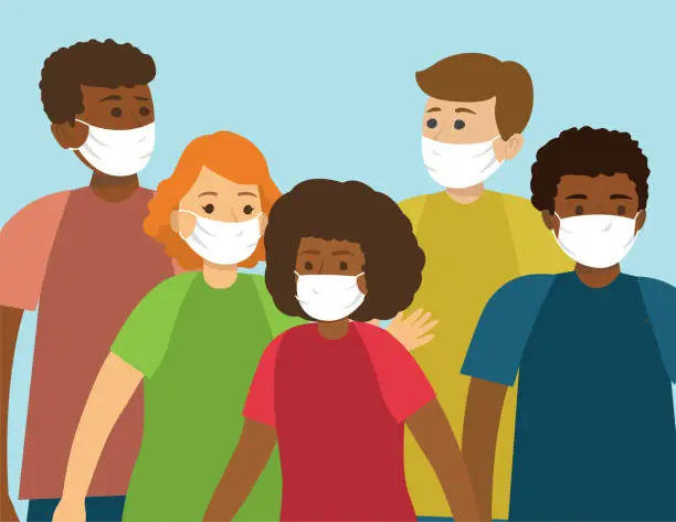 Vector illustration of Group of Multi-Ethnic Teens Wearing Face Masks