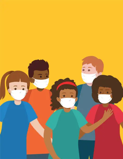 Vector illustration of Group of Multi-Ethnic Teens Wearing Face Masks
