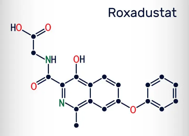 Vector illustration of Roxadustat molecule. It is prolyl hydroxylase inhibitor, stimulates production of hemoglobin and red blood cells. Skeletal chemical formula