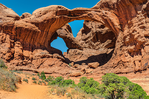 The Window Arches Sandstone Rock Formation in Arches National Park, Utah, United States.