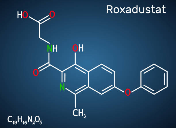 Roxadustat molecule. It is prolyl hydroxylase inhibitor, stimulates production of hemoglobin and red blood cells. Structural chemical formula on the dark blue background Roxadustat molecule. It is prolyl hydroxylase inhibitor, stimulates production of hemoglobin and red blood cells. Structural chemical formula on the dark blue background. Vector illustration erythropoietin stock illustrations