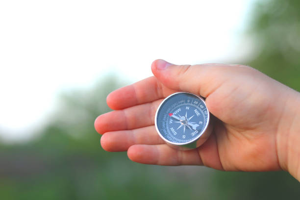 istock classic navigation compass in childs hand on natural background 1249574421