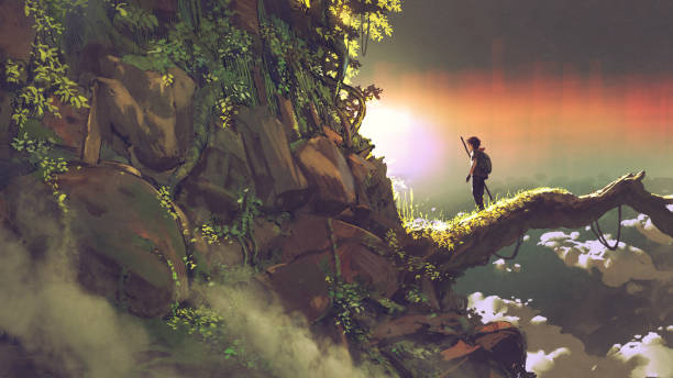 Climbing the holy giant tree man standing on a giant branch looking at sunset on the horizon, digital art style, illustration painting"n mountain plant pictures stock illustrations