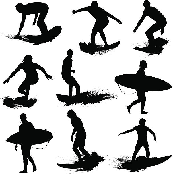 Surf Silhouettes Vector illustration compatible with al vector software. Splash effect are separeted from the figure. surfboard fin stock illustrations
