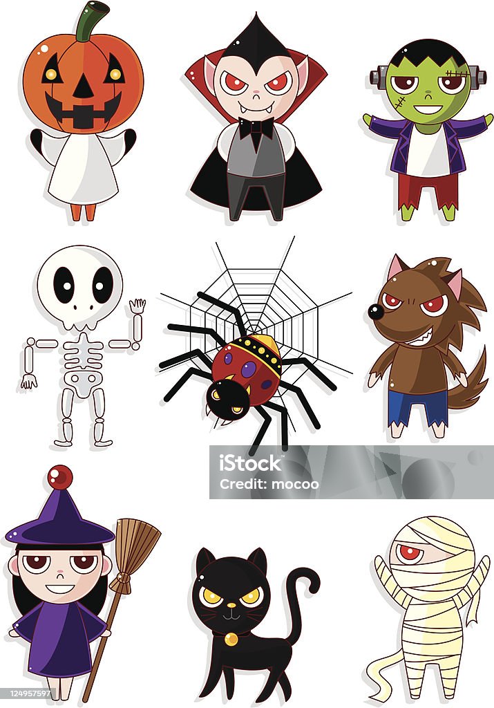 Monstre de dessin animé Halloween icônes set - clipart vectoriel de Araignée libre de droits