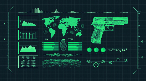 HUD - Graphical User Interface. X-ray scan detects weapon in criminals briefcase,Weapon scanning background, Xray Objects.