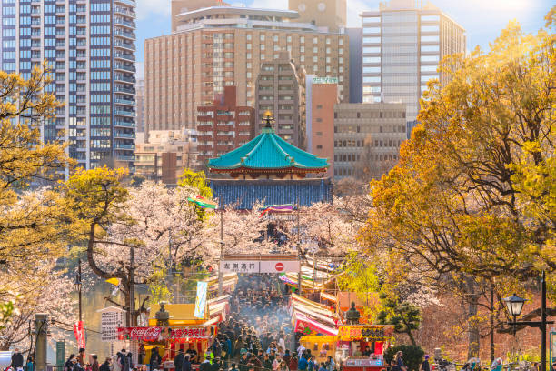 Crowds gathered at the Bentendo temple surrounded by cherry blossoms in Ueno Park. ueno, japan - march 31 2020: Telephoto compression of Bentendo hall of Kaneiji buddhist temple where crowds are gathered between Tekiya stands of Japanese food surrounded by cherry blossoms in Ueno. shinobazu pond stock pictures, royalty-free photos & images
