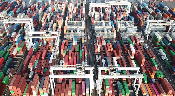 Aerial view of stacked shopping containers