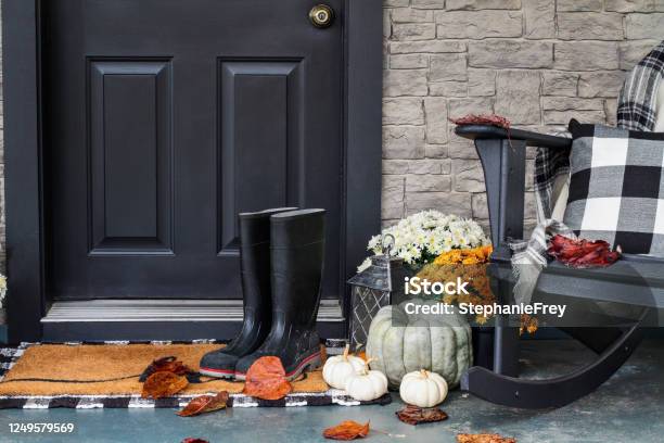 Front Porch Decorated For Autumn With Buffalo Plaid Stock Photo - Download Image Now