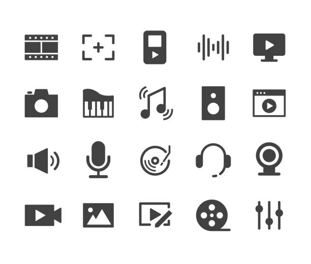 ilustraciones, imágenes clip art, dibujos animados e iconos de stock de iconos de vídeo, imagen y música - classic series - sistema de medición de volumen