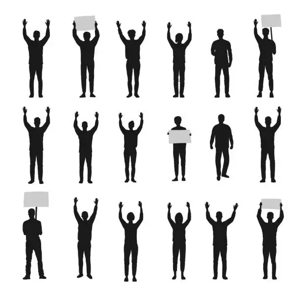 Vector illustration of Silhouette of protesting people with hands up vector set