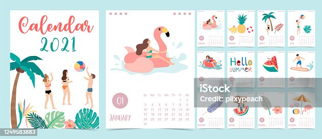 istock Cute summer calendar 2021 with people,beach,watermelon,coconut tree for children, kid, baby 1249583883