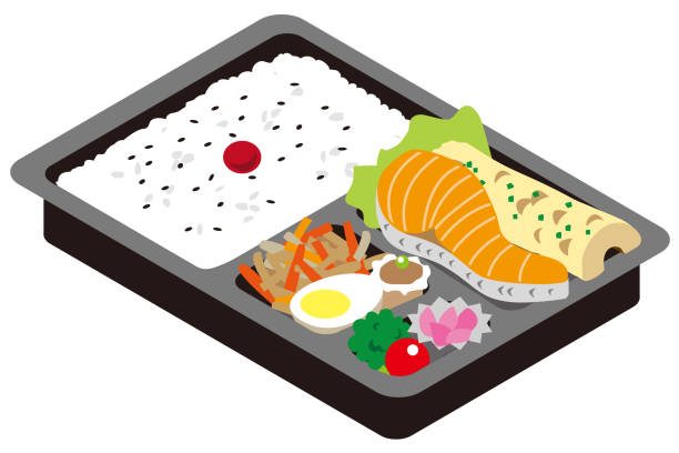 bildbanksillustrationer, clip art samt tecknat material och ikoner med japansk grillad lax lunchlåda - matlåda