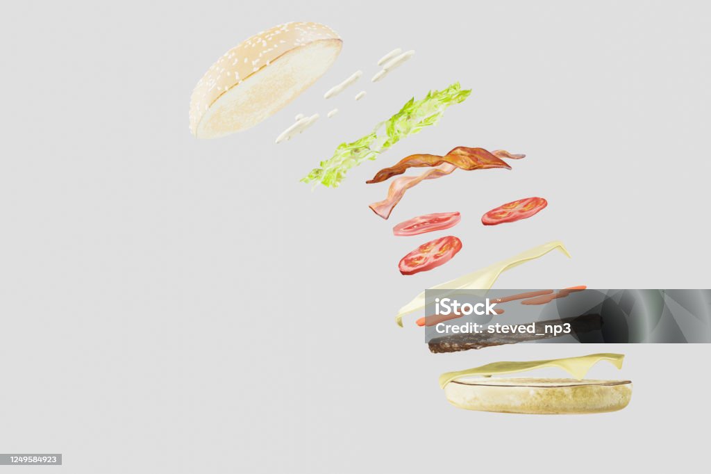 Hamburger Exploding View Exploded Burger View Stock Photo - Download Image Now - Bacon, Beef ...