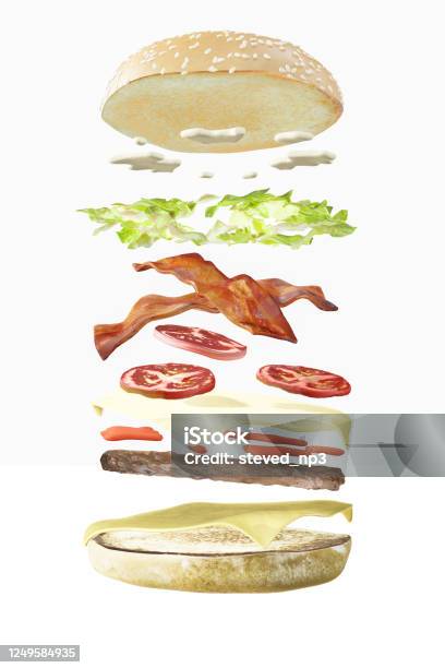 Hamburger Exploding View Exploded Burger View Stock Photo - Download Image Now - Bacon ...
