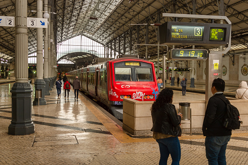Lisbon, Portugal - 3 March 2020: Regional red train at Rossio Railway Station