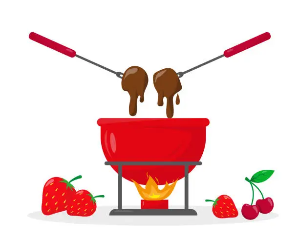 Vector illustration of Chocolate fondue in ceramic bowl with fire and berries near it. Vector illustration on white background.