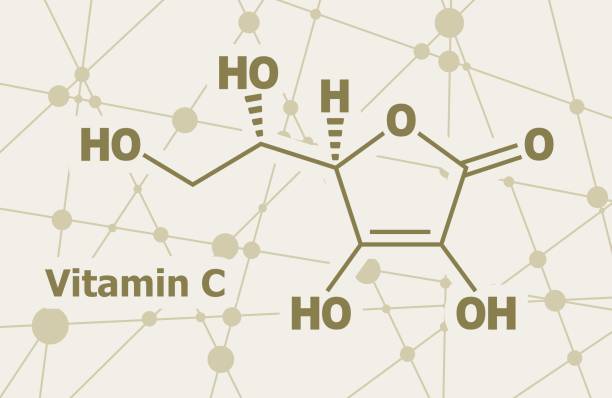 Ascorbic acid formula Structural chemical formula of ascorbic acid. Connected lines with dots background. vitamin c chemical formula stock illustrations