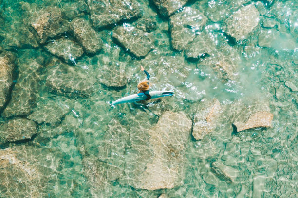 Drone view of surfing girl