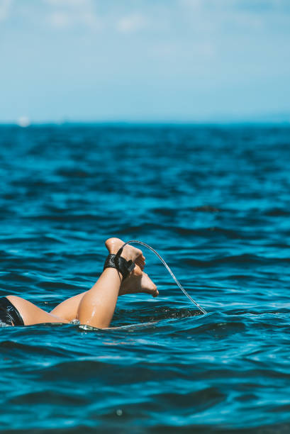 istock Girl on the surfboard paddling 1249589415