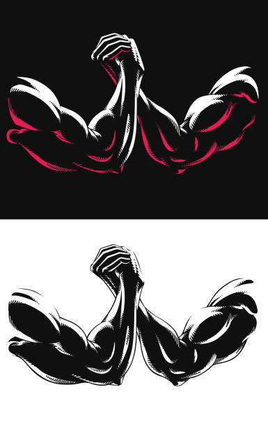 Silhouette muscular arm wrestling fighting gym bodybuilding fitness hand locking vector icon logo illustration on white background A silhouette contour of muscular arms wrestling each other on close up view arm wrestling stock illustrations
