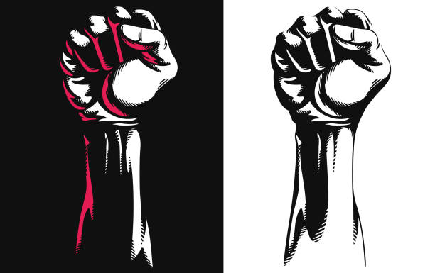 Silhouette raised fist hand clenched protest punch vector icon logo illustration isolated on white background A silhouette contour of a raised protest fist on close up front view punching illustrations stock illustrations