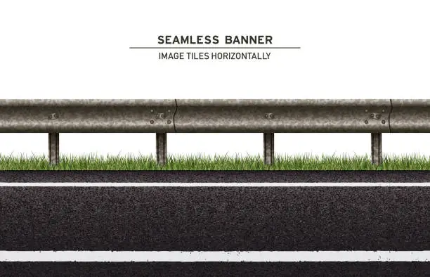 Vector illustration of Tileable road with grass and guard rail vector banner on white background