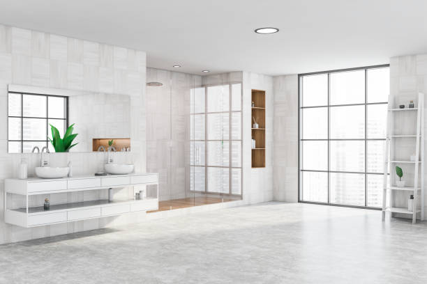 istock White wooden bathroom corner with shower and sink 1249597349
