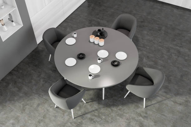 istock Gray and wooden dining room, top view 1249597441