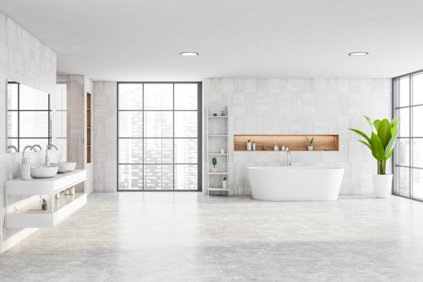 istock White wooden bathroom interior, tub and sink 1249598045