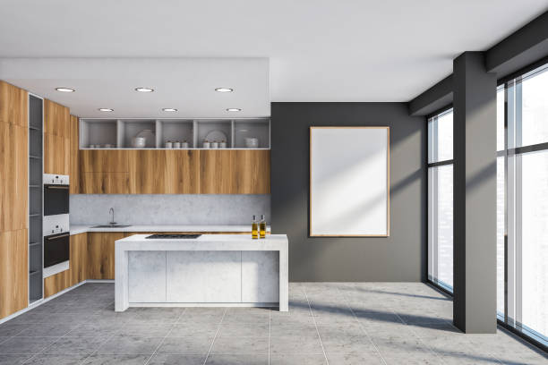 istock Grey and wooden kitchen with island and poster 1249598283