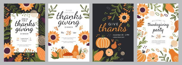 Set of templates for Thanksgiving celebrations Set of four templates for Thanks Giving celebrations with seasonal fall produce and flowers surrounding central copy space and text, colored vector illustration thanksgiving holiday drawings stock illustrations