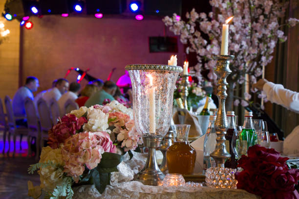 istock Wedding table setting with flowers and candle, decoration and design background. celebration party. 1249598386