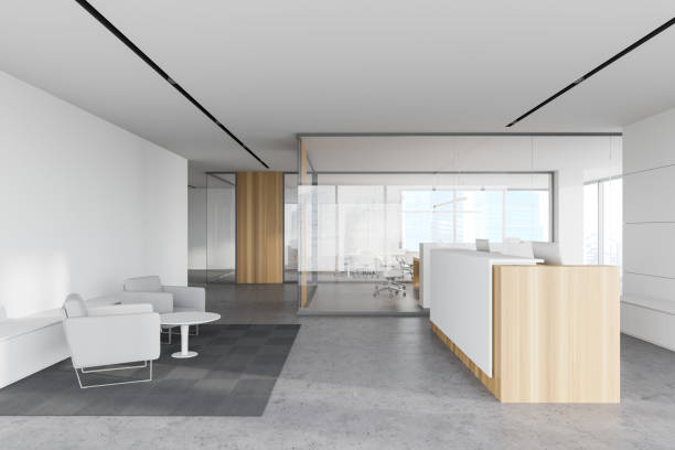 istock Reception and lounge in white and glass office 1249598414