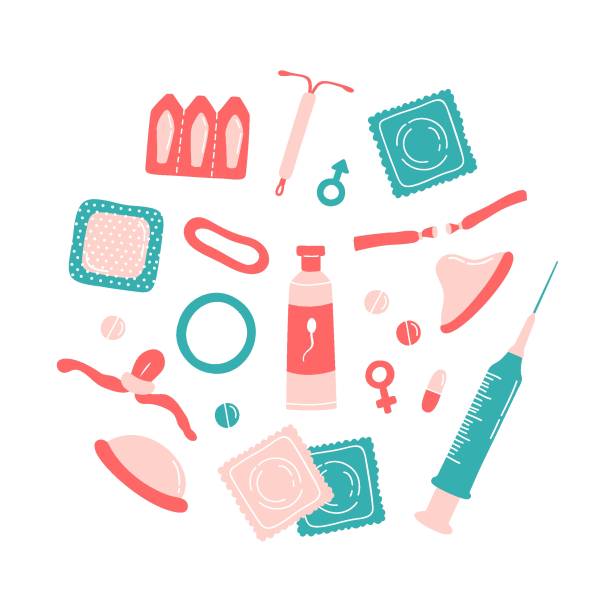 Set of contraception methods items - contraceptive patch, hormonal ring, intrauterine device, injection, pills, diaphragm, male condom, spermicides, surgical sterilization, emergency contraceptive Set of contraception methods items - contraceptive patch, hormonal ring, intrauterine device, injection, pills, diaphragm, male condom, spermicides, surgical sterilization, emergency contraceptive. family planning stock illustrations