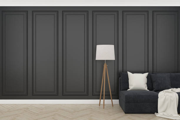istock black wall with wood floor and concrete fiddle,3d render 1249604171